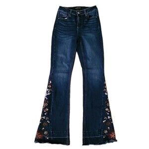 Ashley Mason Jeans Womens 3/26 Floral Flare Bootcut Hippie Boho Peasant Fray Hem